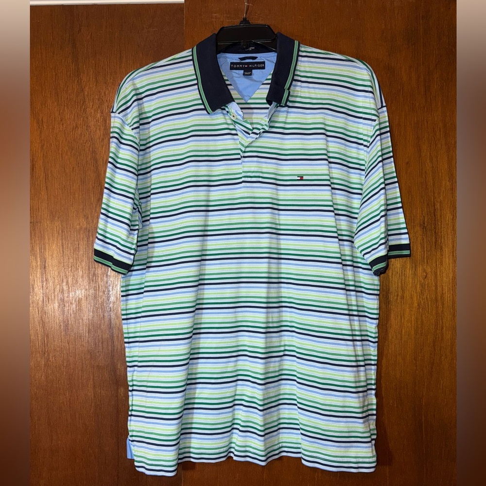 Tommy Hilfiger Men's Blue and Green Striped Polo Shirt